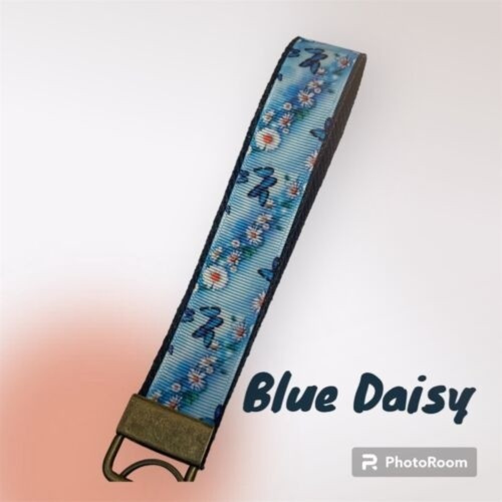 Blue Daisy Theme Key Fob Wristlet Keychain Cane strap handmade
